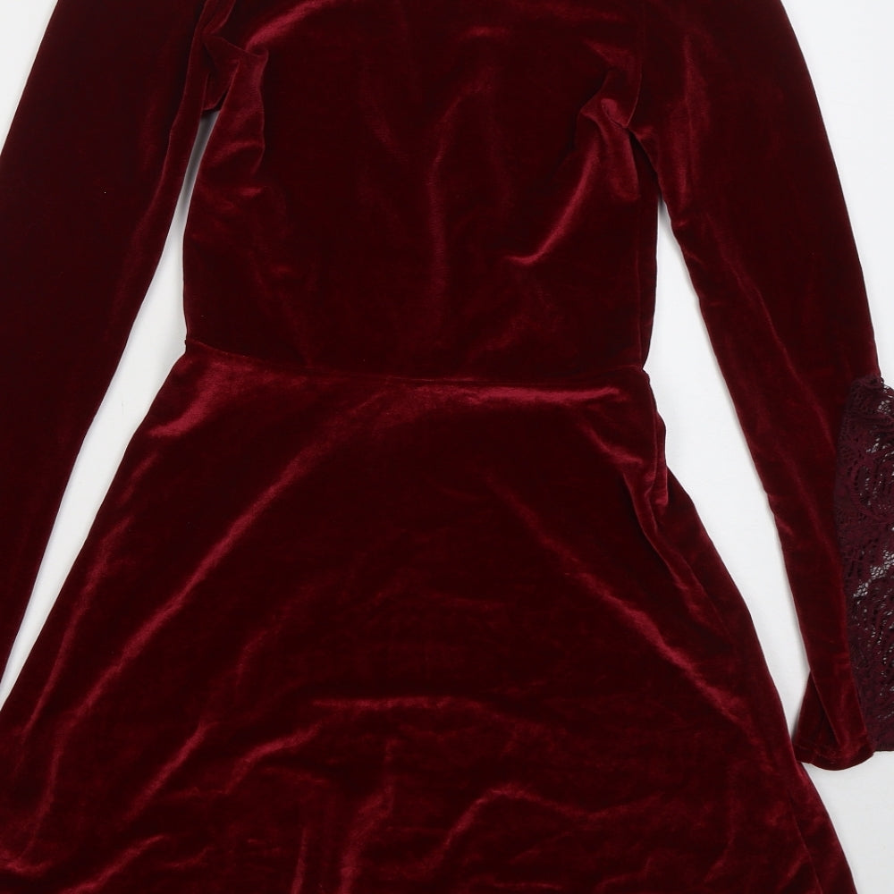 Boohoo Womens Red Polyester Skater Dress Size 8 V-Neck Pullover