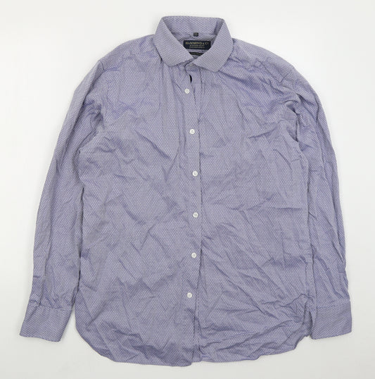 Front view of Hammond & Co men’s blue geometric cotton dress shirt, size 16.5 collared button