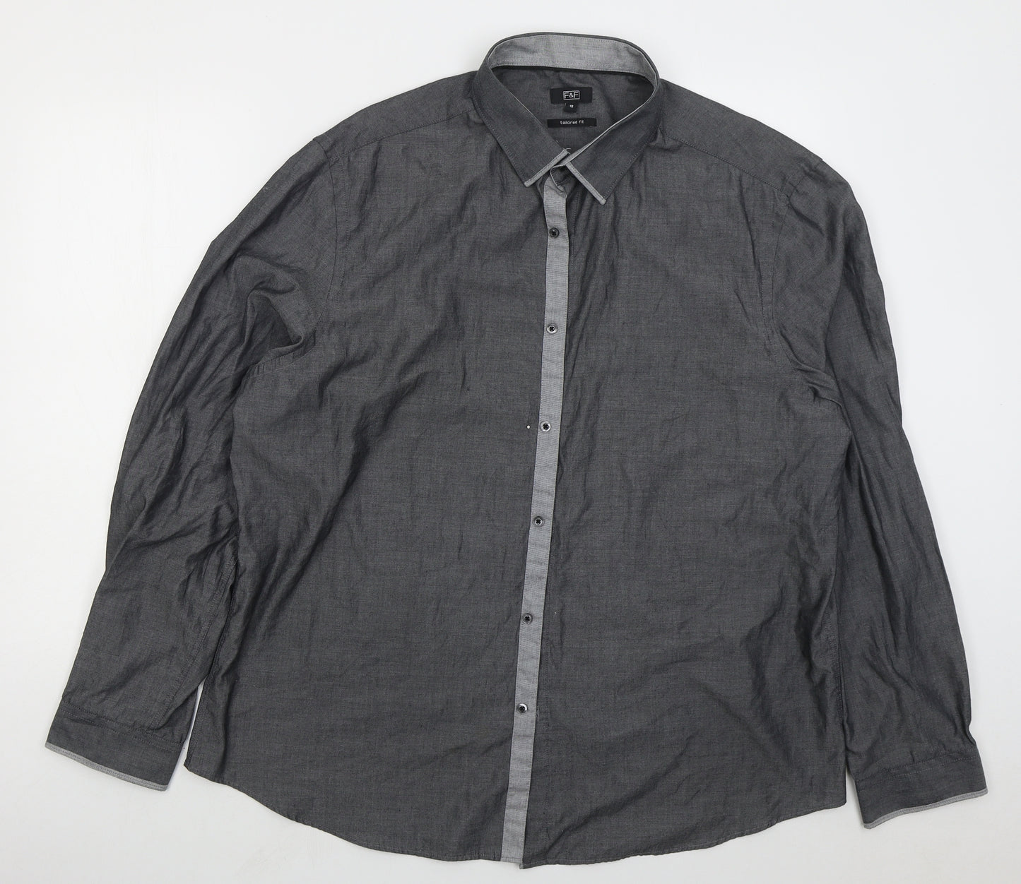 F&F Mens Grey Polyester Button-Up Size 18 Collared Button