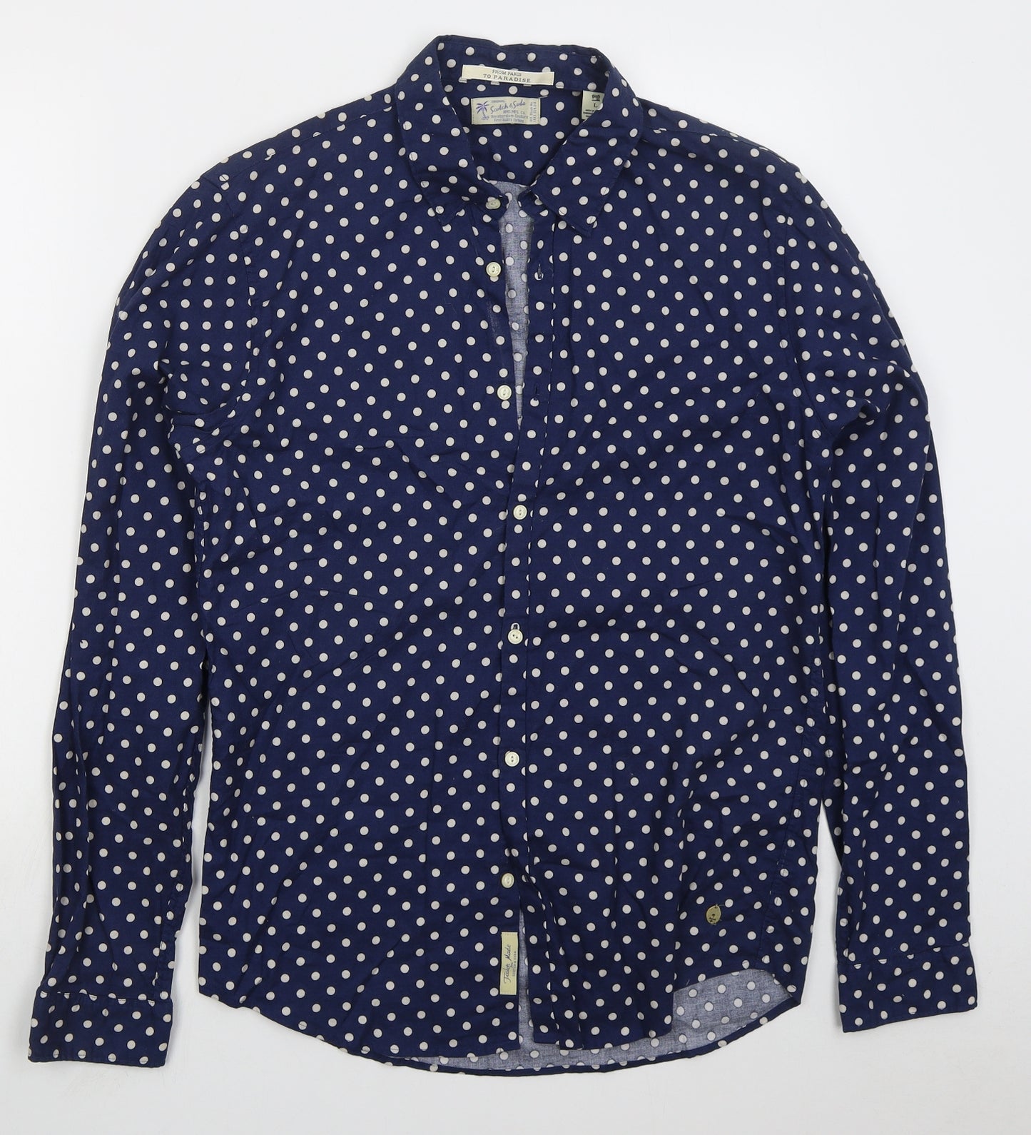 Scotch & Soda Mens Blue Polka Dot Cotton Button-Up Size L Collared Button