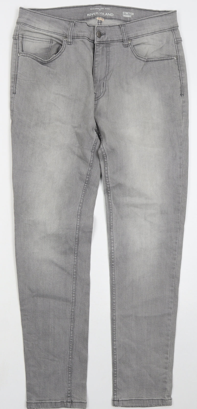 River Island Mens Grey Cotton Skinny Jeans Size 34 L32 in Regular Button