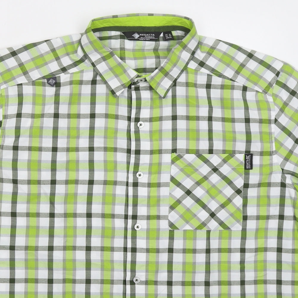 Regatta Mens Green Check Polyester Button-Up Size XL Collared Button