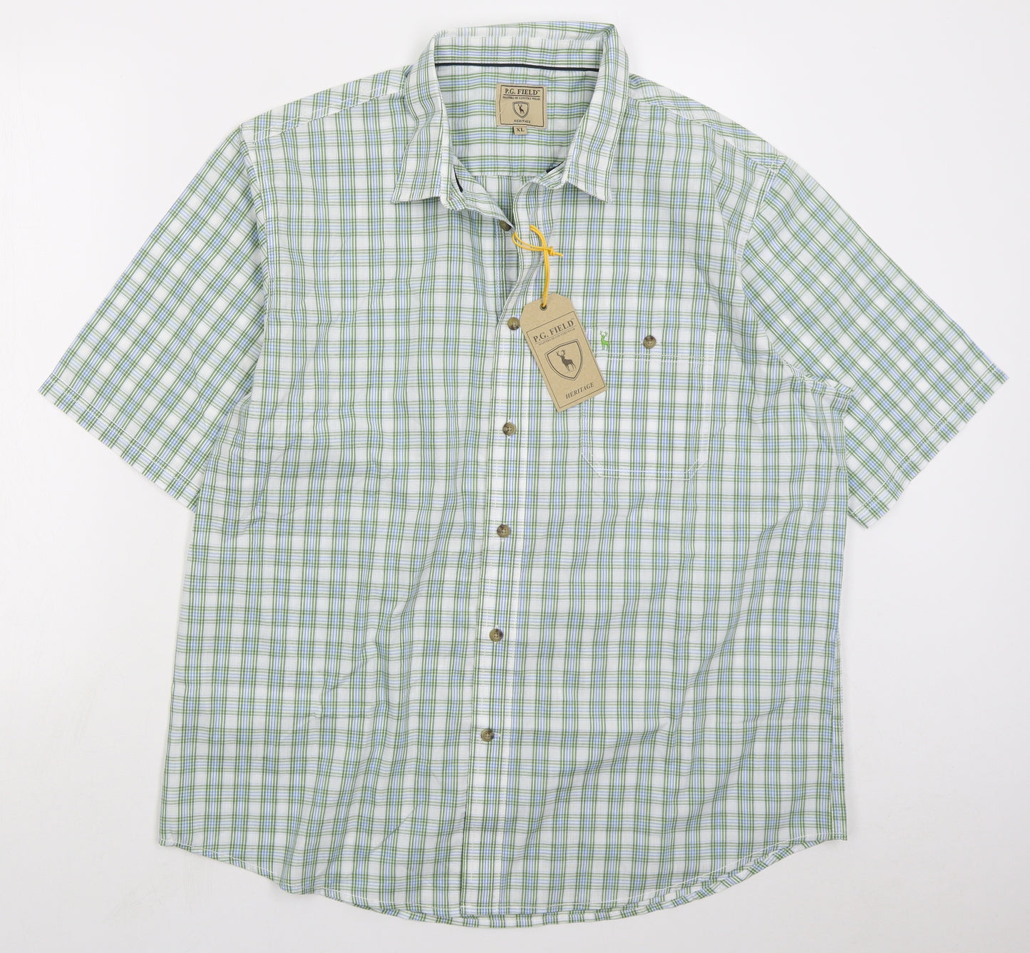 PG Field Mens Green Check Polyester Button-Up Size XL Collared Button