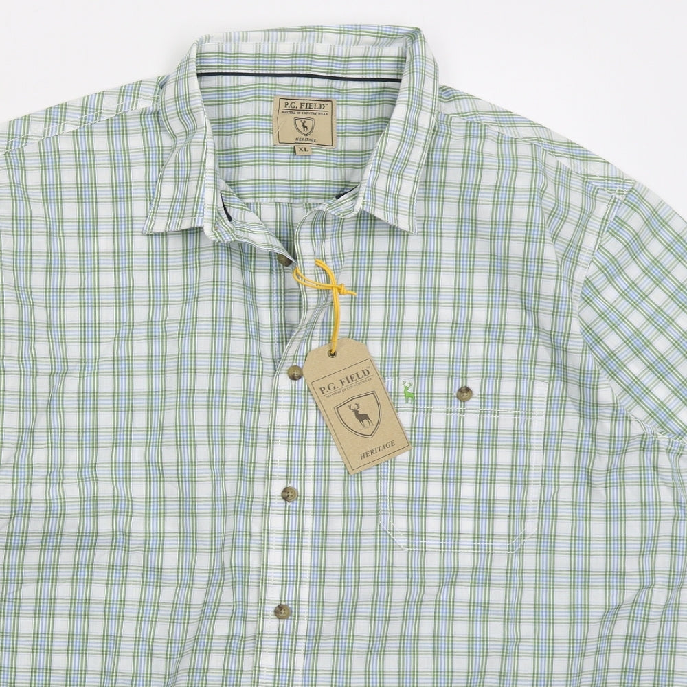 PG Field Mens Green Check Polyester Button-Up Size XL Collared Button