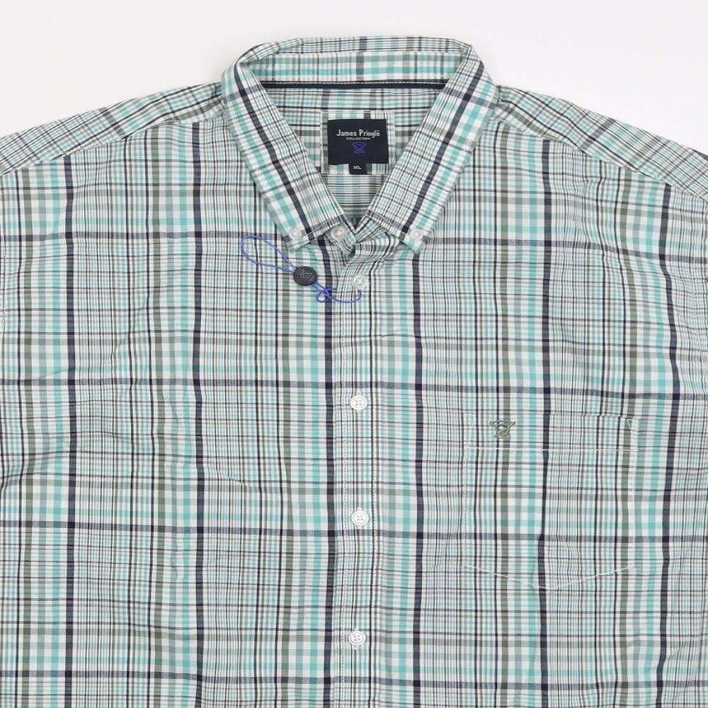 James Pringle Mens Blue Check Cotton Button-Up Size XL Collared Button