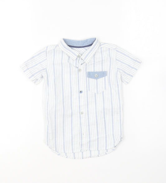 Front view of George Baby Black Striped Cotton Basic Button-Up, size 12-18, Months Collared