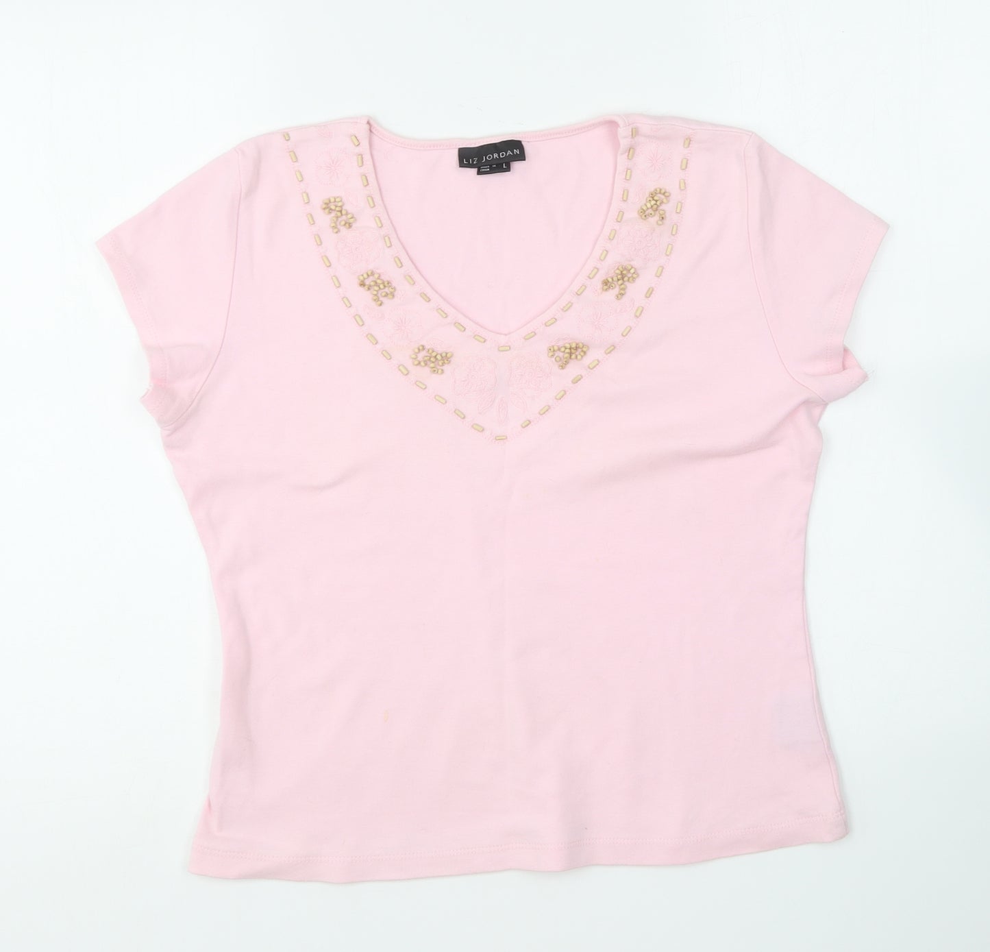Liz Jordan Womens Pink Cotton Basic T-Shirt Size L V-Neck