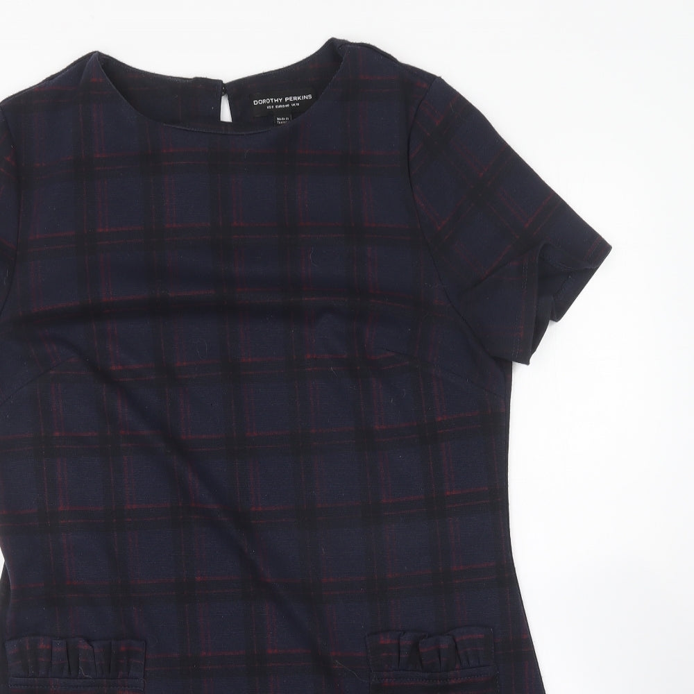 Dorothy Perkins Womens Blue Plaid Polyester A-Line Size 12 Round Neck