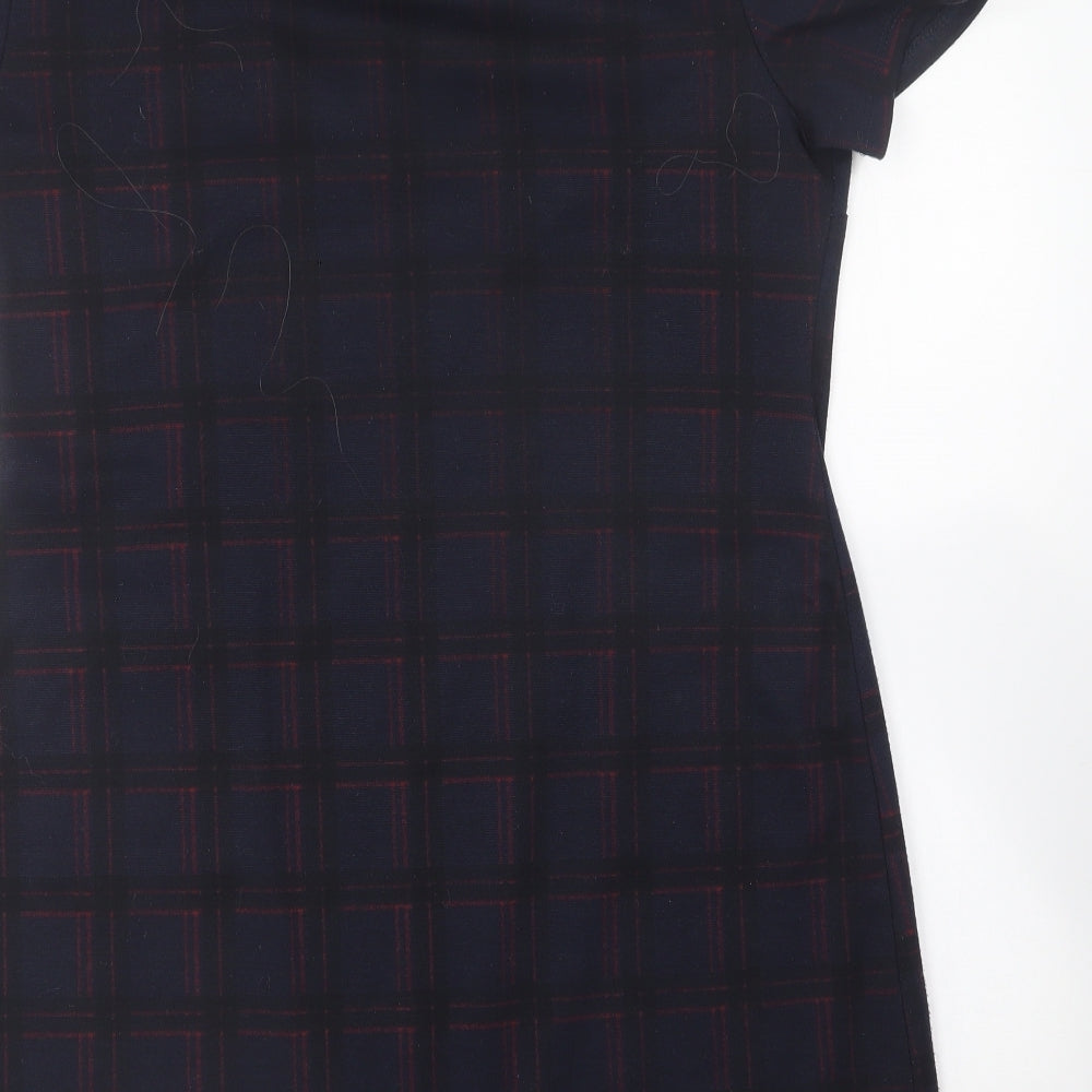 Dorothy Perkins Womens Blue Plaid Polyester A-Line Size 12 Round Neck