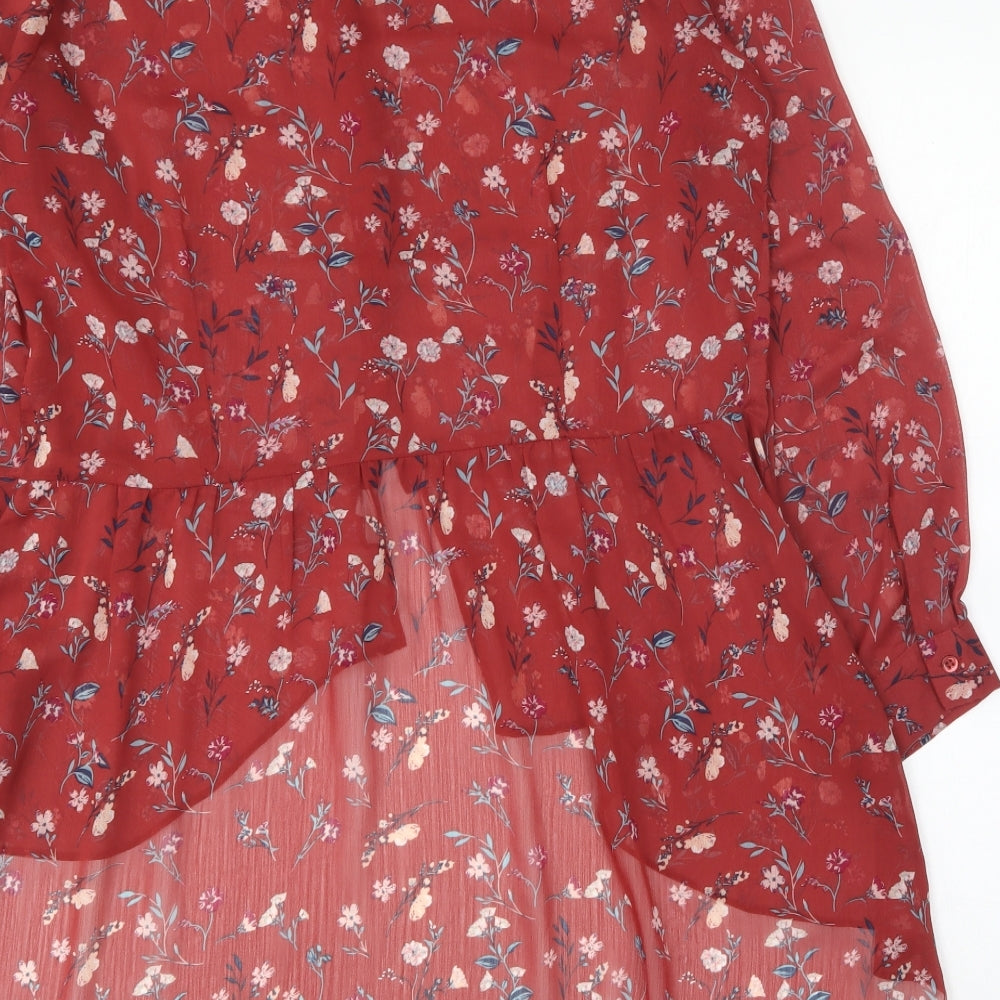 New Look Womens Red Floral Polyester Basic Button-Up Size 16 Collared