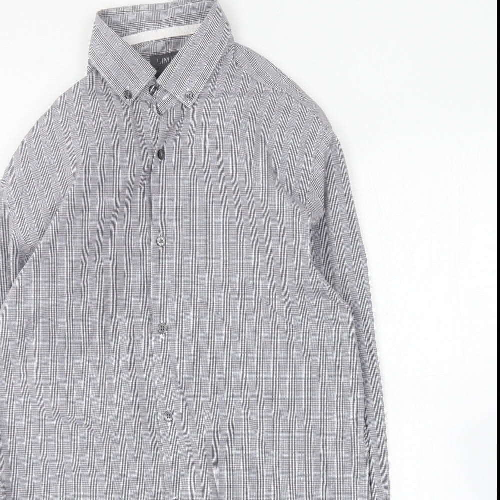 Marks and Spencer Mens Grey Plaid Cotton Button-Up Size 15.5 Collared