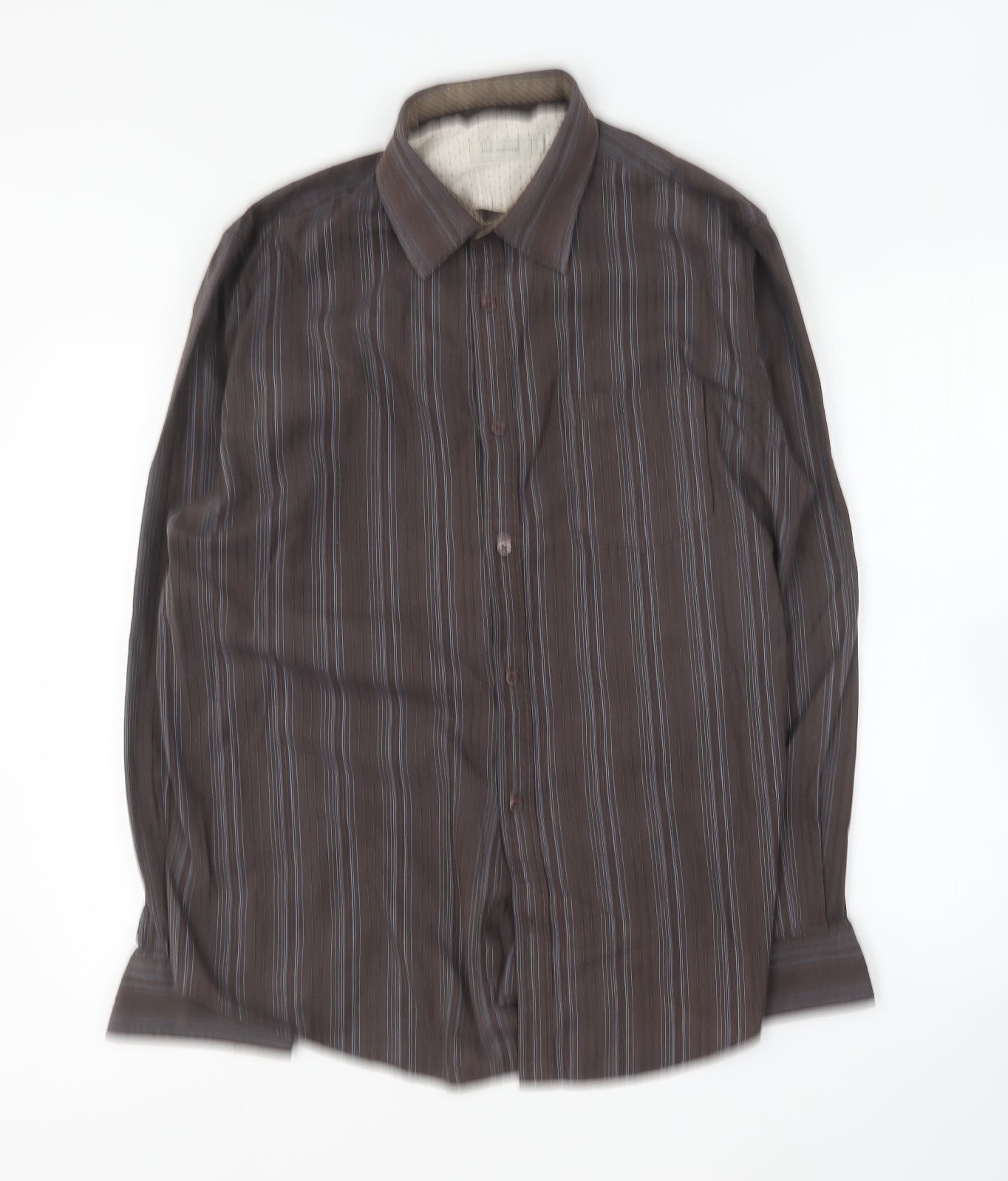 RJR.John Rocha Mens Brown Striped Polyester Button-Up Size L Collared