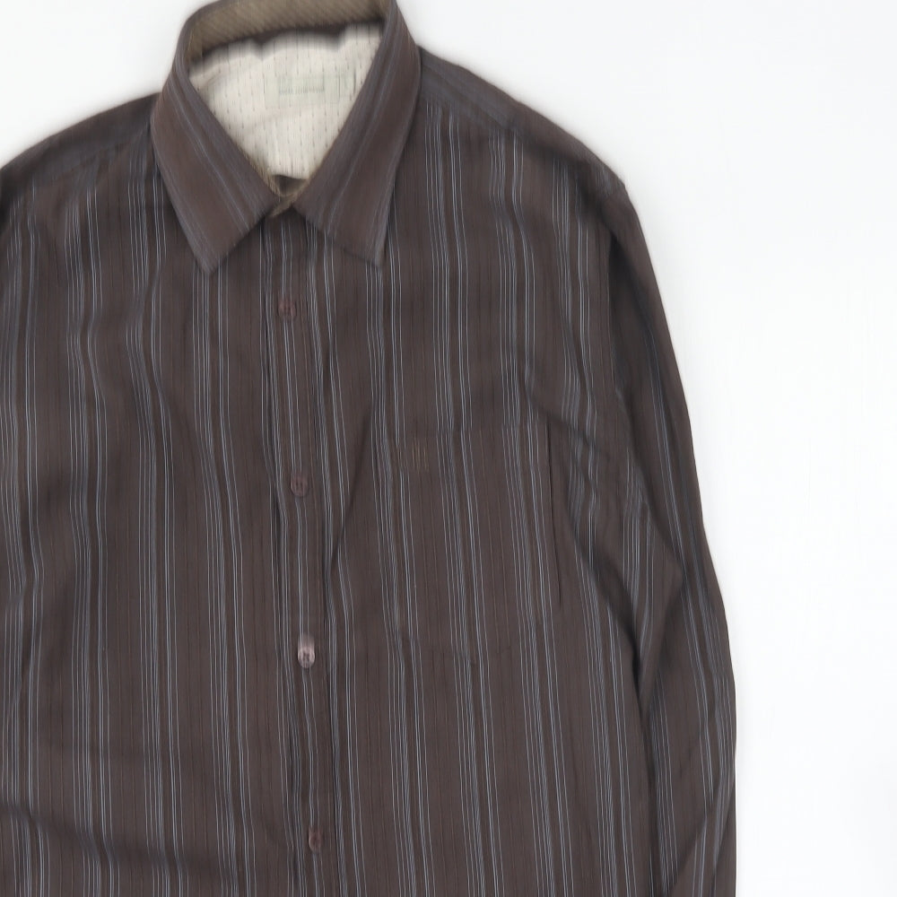 RJR.John Rocha Mens Brown Striped Polyester Button-Up Size L Collared