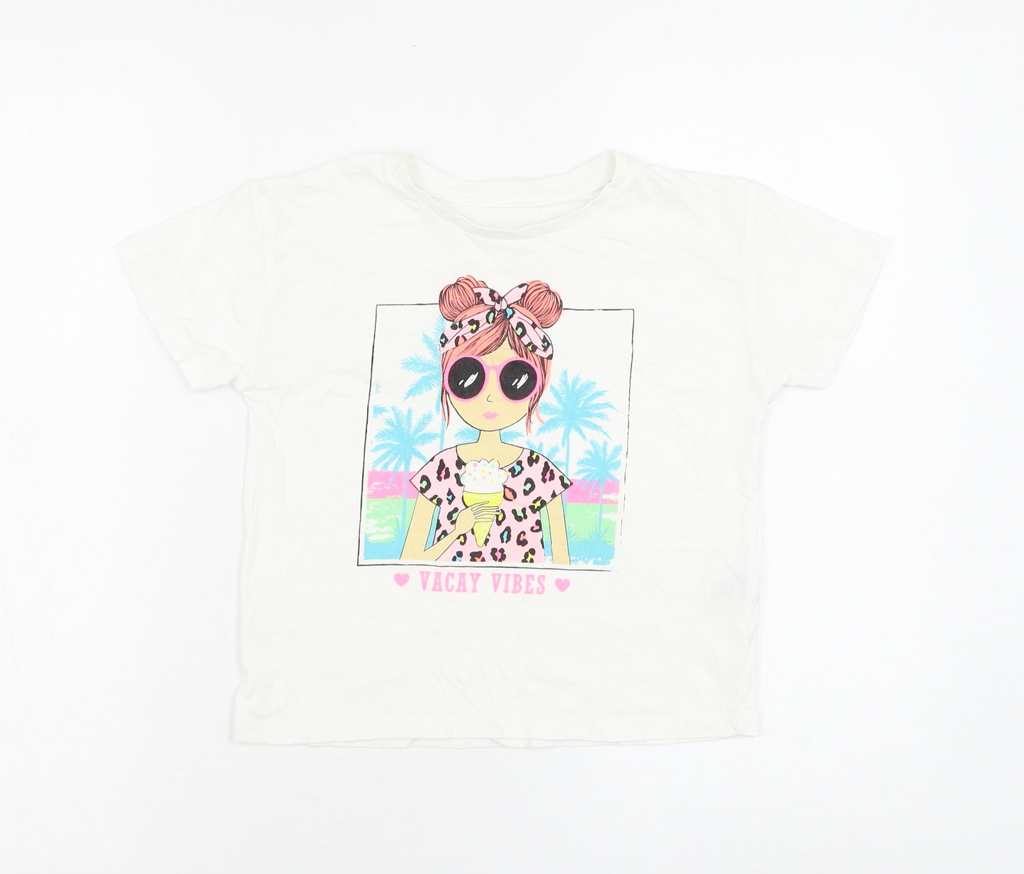 Dunnes Stores Girls White Cotton Basic T-Shirt Size 7-8 Years Round Neck Pullover - Vacay Vibes