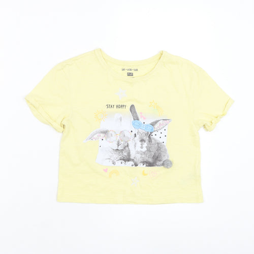 F&F Girls Yellow Cotton Basic T-Shirt Size 7-8 Years Round Neck Pullover - Rabbit