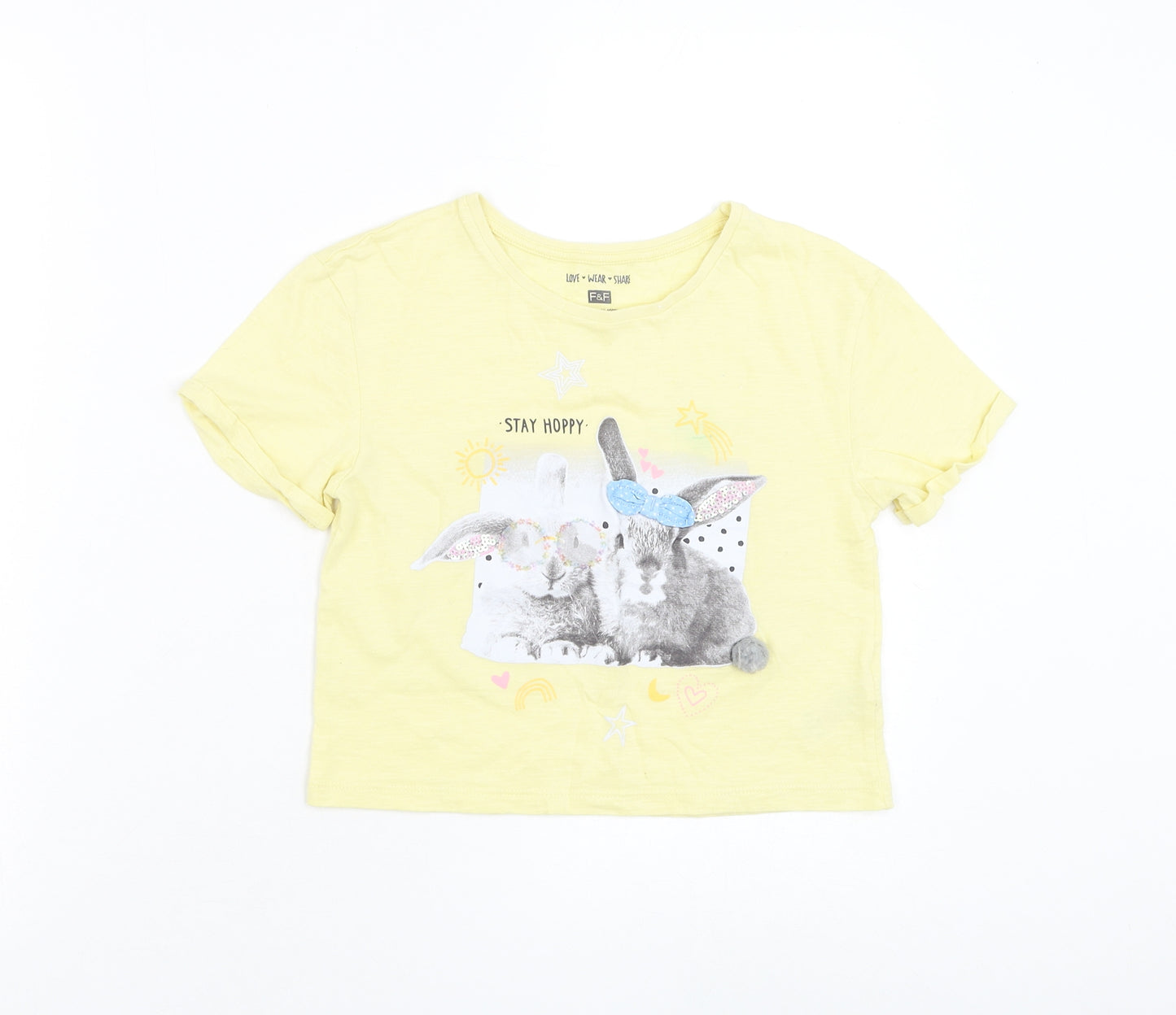 F&F Girls Yellow Cotton Basic T-Shirt Size 7-8 Years Round Neck Pullover - Rabbit
