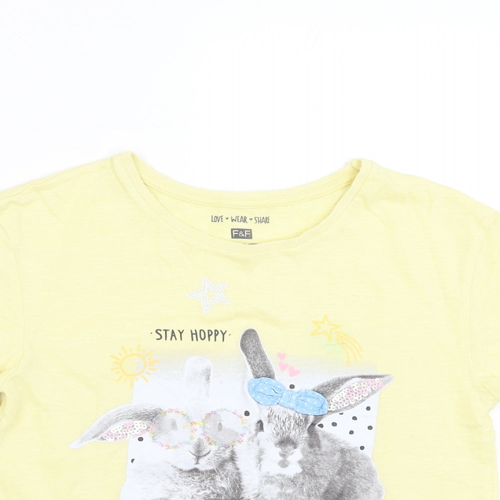 F&F Girls Yellow Cotton Basic T-Shirt Size 7-8 Years Round Neck Pullover - Rabbit