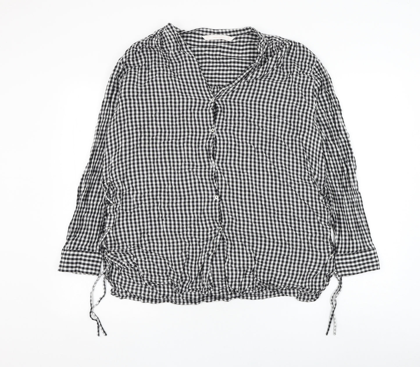 Zara Womens Black Check Polyester Basic Blouse Size L V-Neck