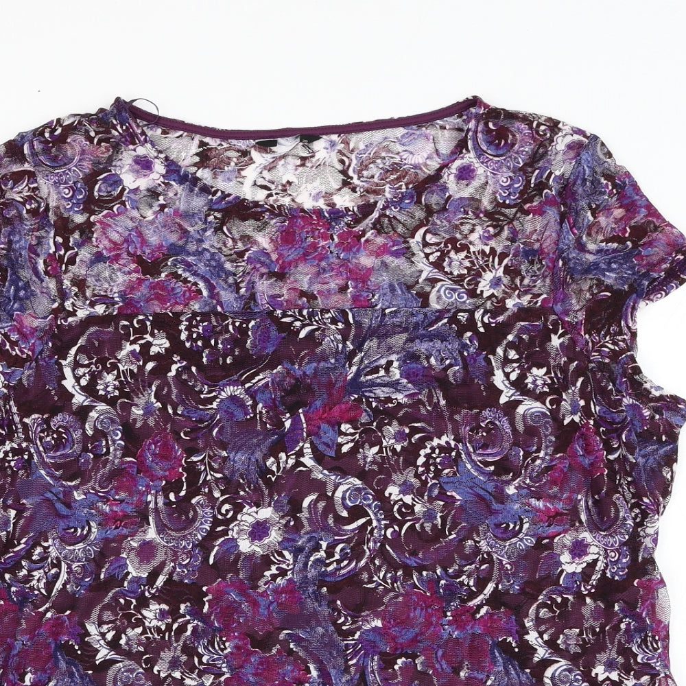 Preworn Womens Purple Floral Nylon Basic Blouse Size 20 Round Neck