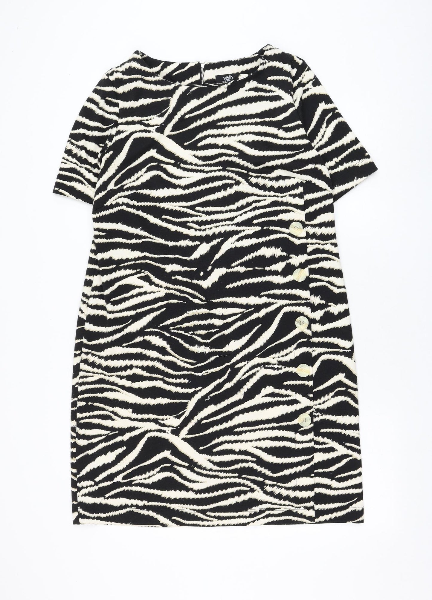 Wallis Womens Black Animal Print Polyester Shift Size 12 Round Neck Zip