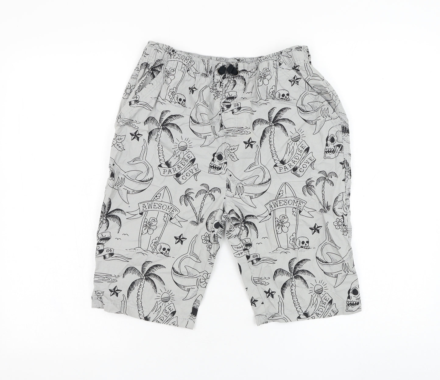 TU Boys Grey Cotton Sweat Shorts Size 13 Years Regular Drawstring - Skull