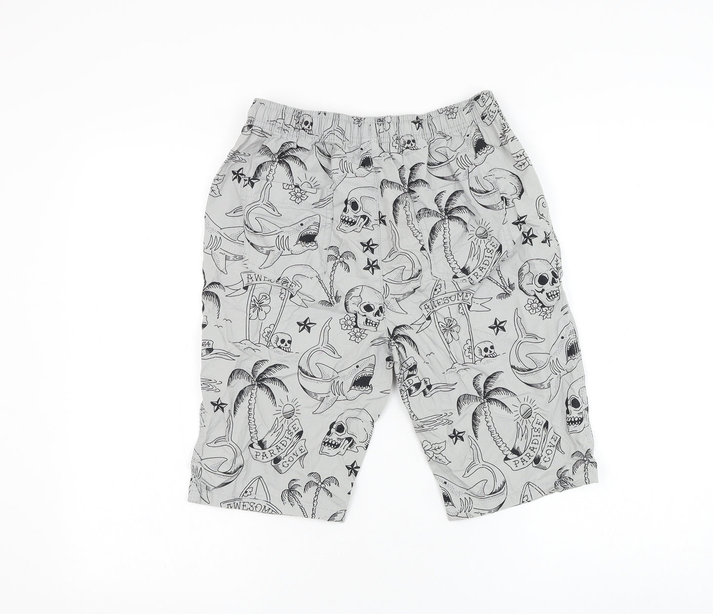 TU Boys Grey Cotton Sweat Shorts Size 13 Years Regular Drawstring - Skull