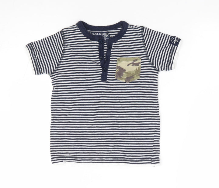 Soul & glory Boys Blue Striped Polyester Jersey T-Shirt Size 3-4 Years V-Neck Pullover