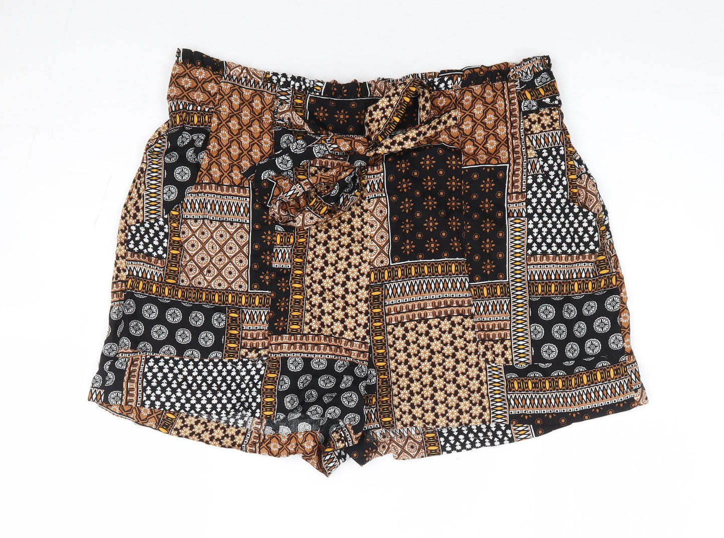 Primark Womens Brown Geometric Viscose Hot Pants Shorts Size 16 L3 in Regular Tie