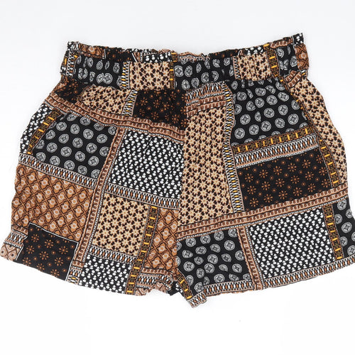 Primark Womens Brown Geometric Viscose Hot Pants Shorts Size 16 L3 in Regular Tie