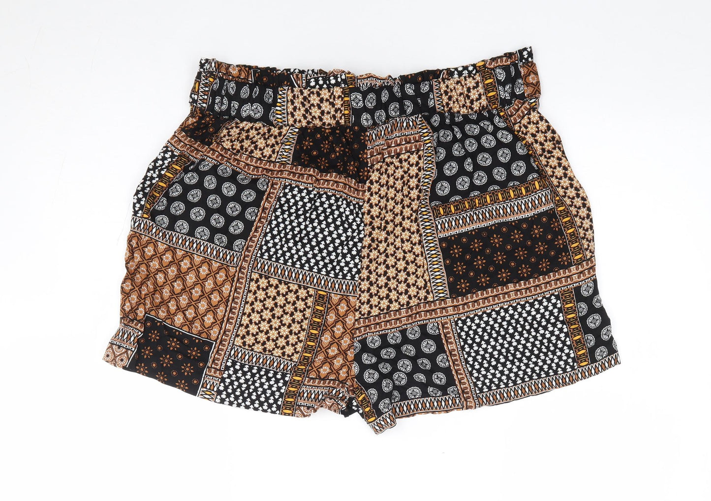 Primark Womens Brown Geometric Viscose Hot Pants Shorts Size 16 L3 in Regular Tie