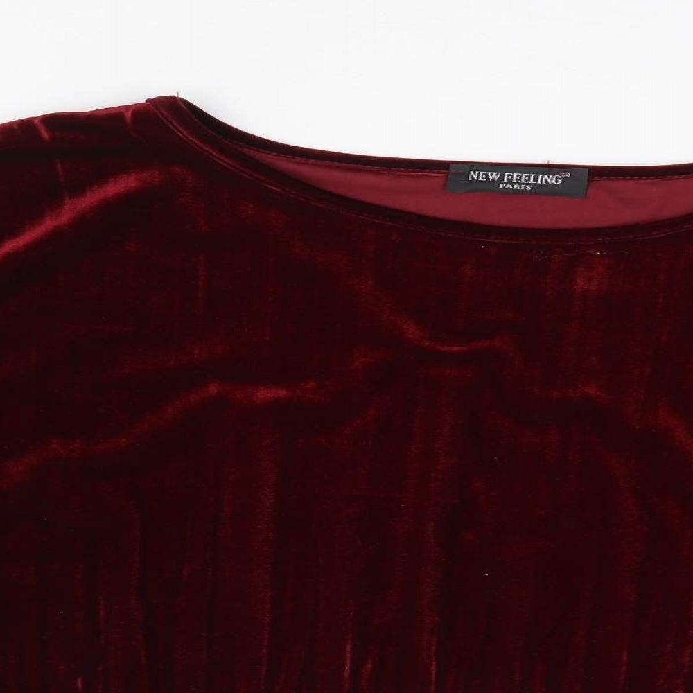 New Feeling Paris Womens Red Polyester Jersey Blouse Size M Round Neck