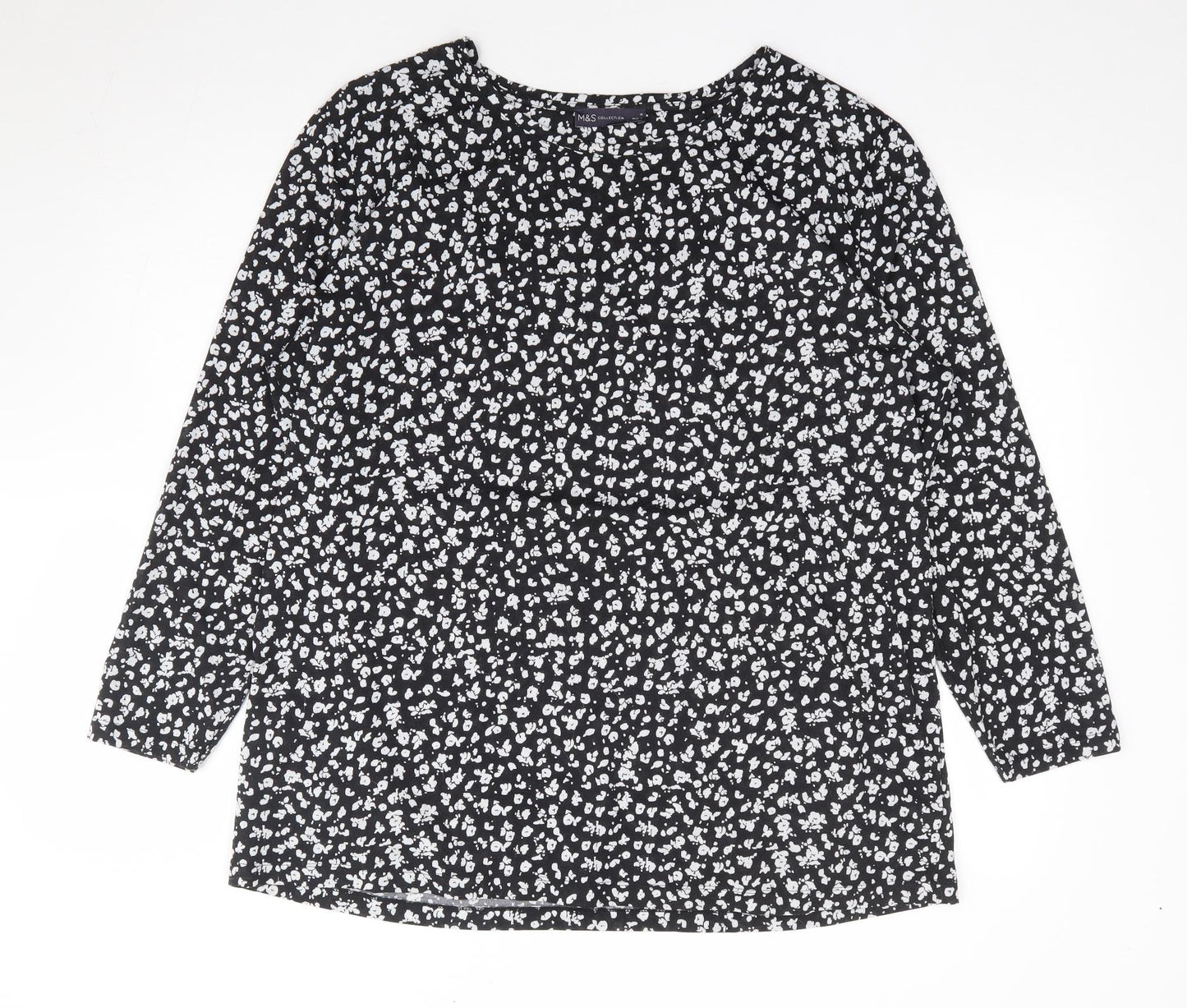 Marks and Spencer Womens Black Geometric Polyester Jersey T-Shirt Size 18 Round Neck