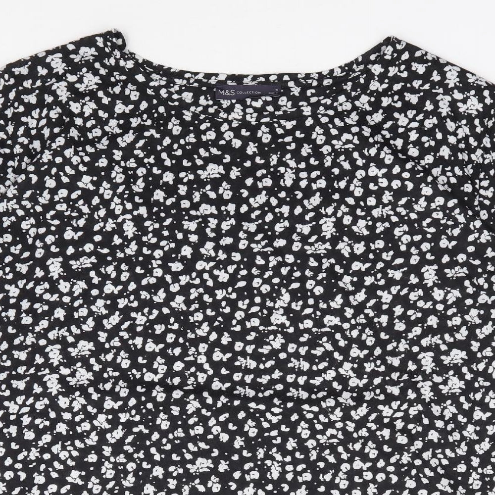 Marks and Spencer Womens Black Geometric Polyester Jersey T-Shirt Size 18 Round Neck