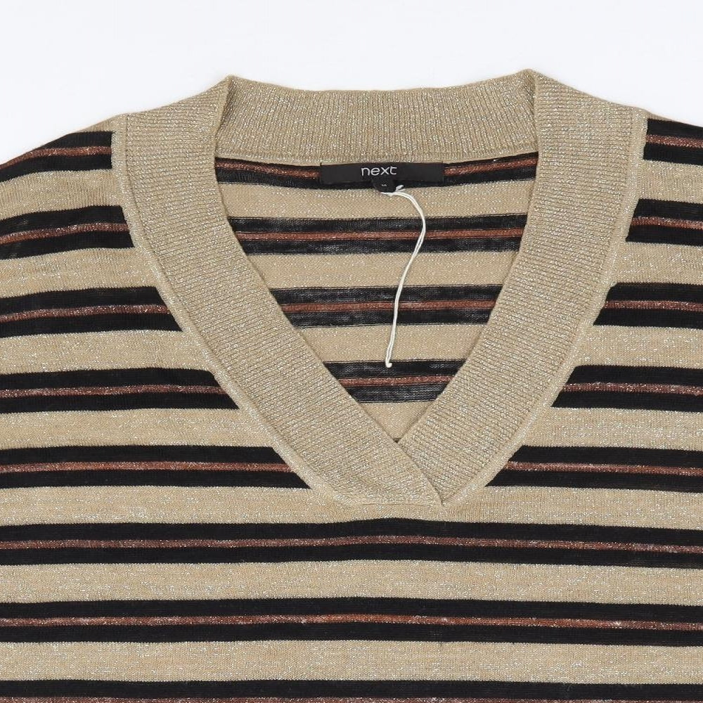 NEXT Womens Gold V-Neck Striped Acrylic Pullover Jumper Size M