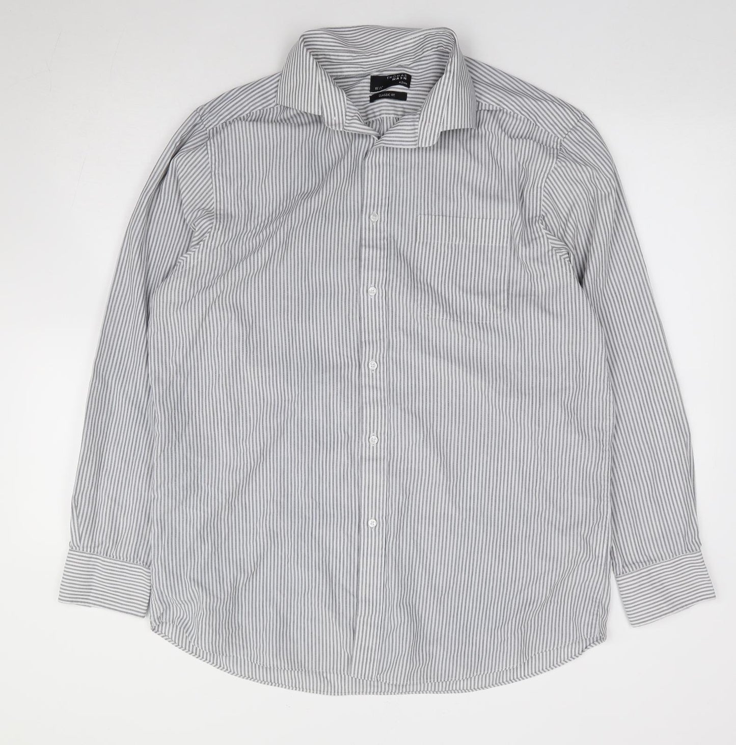 Thomas Nash Mens Grey Striped Polyester Dress Shirt Size 42 Collared Button