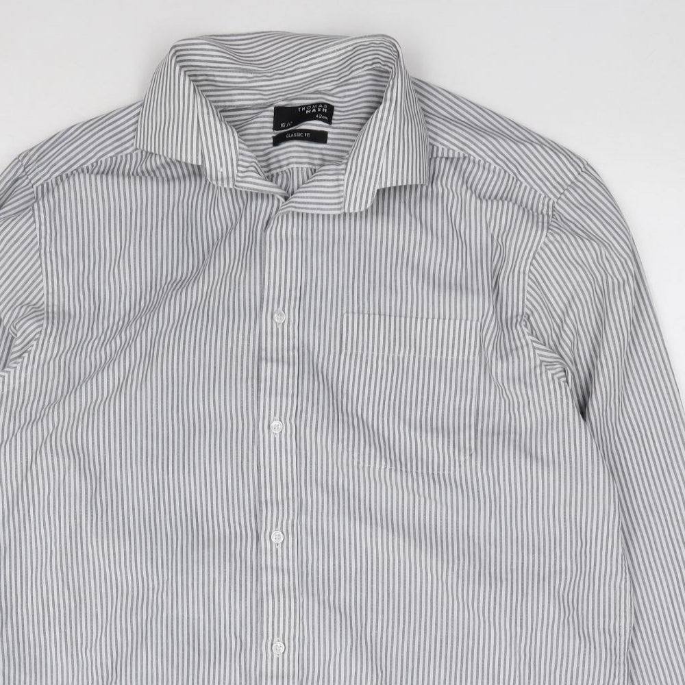 Thomas Nash Mens Grey Striped Polyester Dress Shirt Size 42 Collared Button