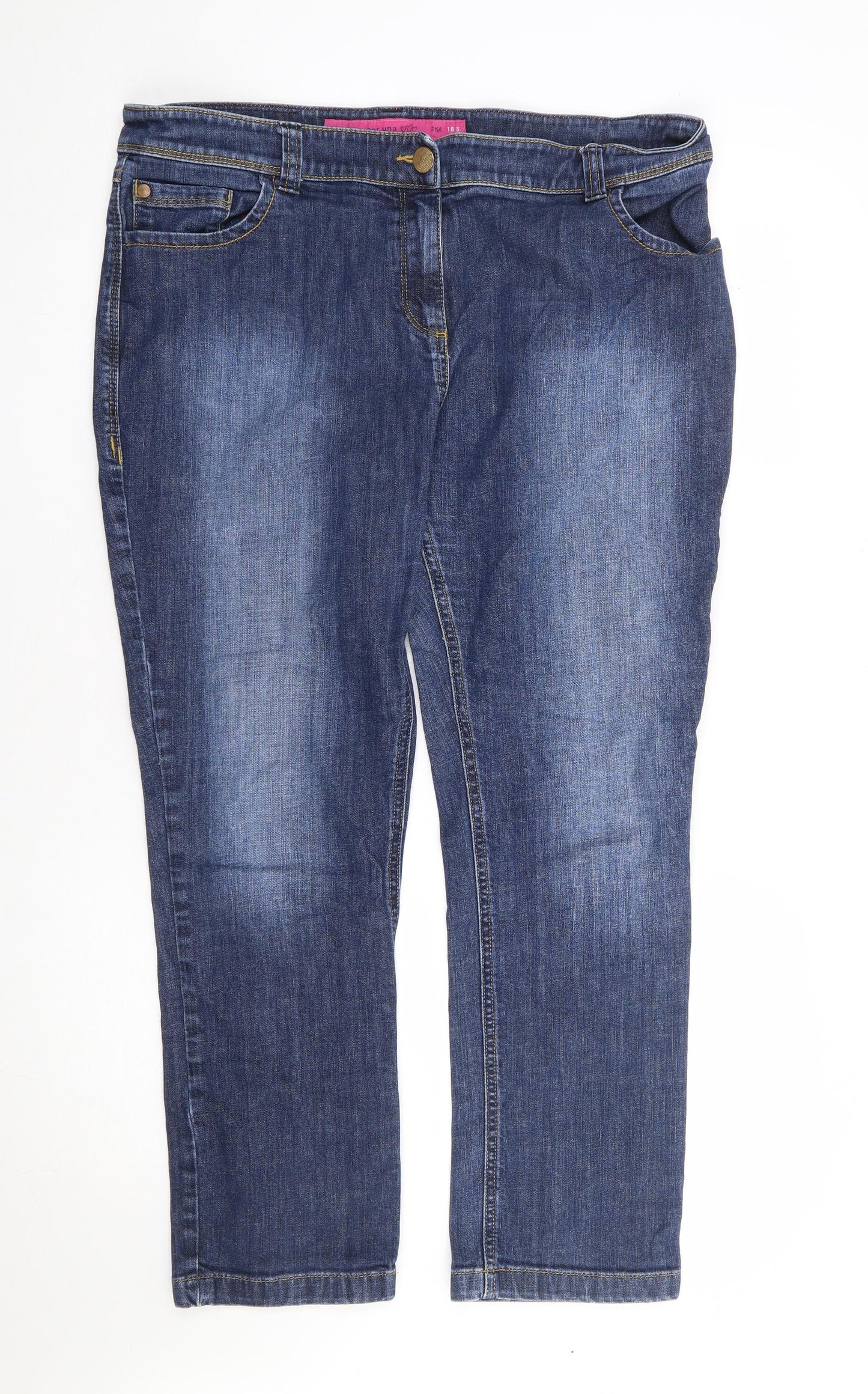 Per Una Womens Blue Cotton Straight Jeans Size 18 L27 in Regular Zip