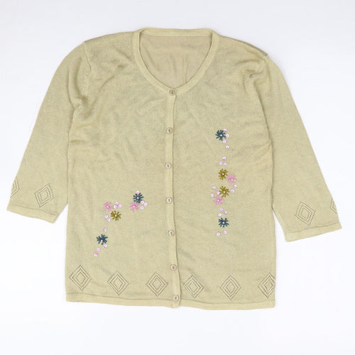 Preworn Womens Gold Round Neck Floral Acrylic Cardigan Jumper Size S