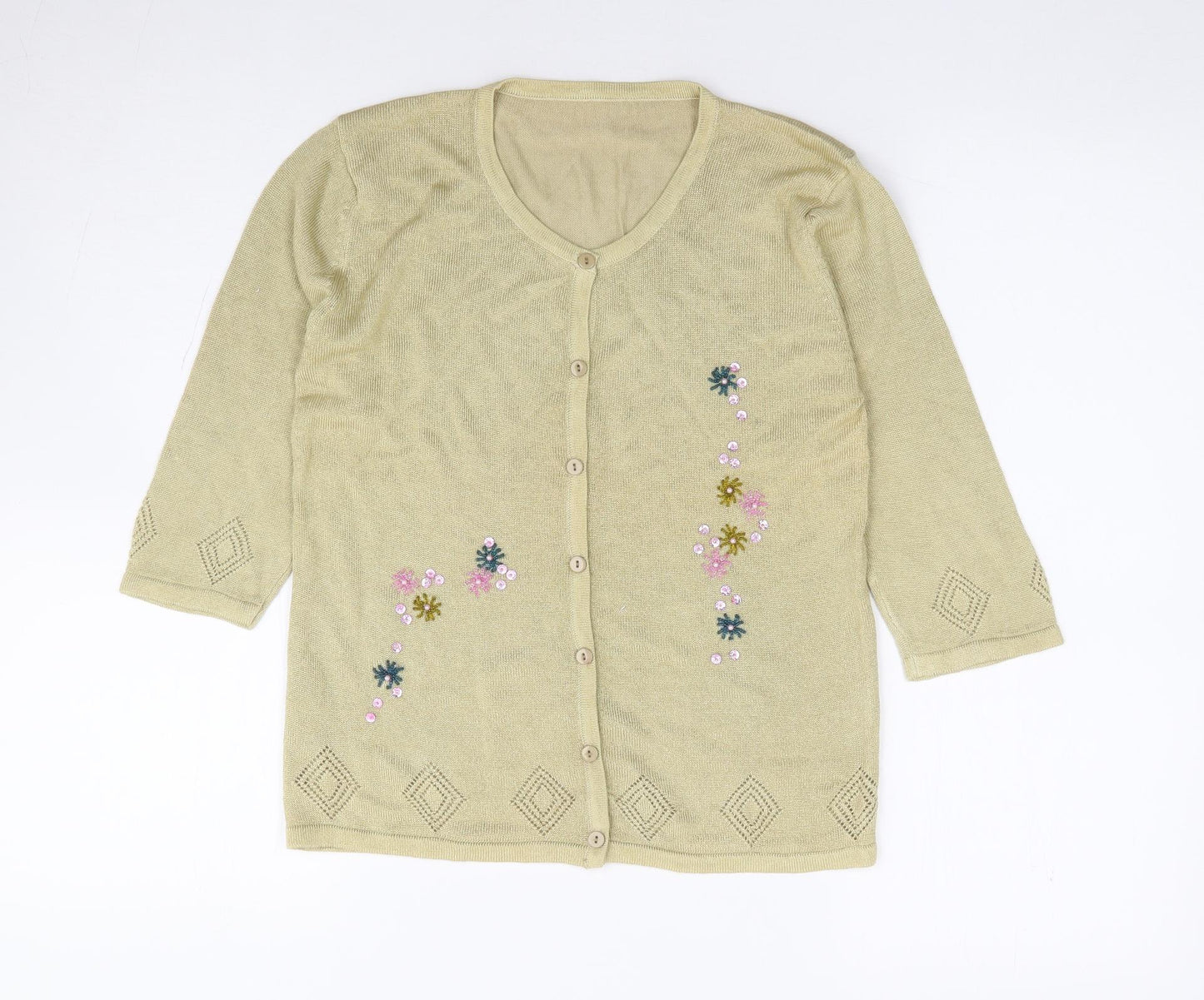 Preworn Womens Gold Round Neck Floral Acrylic Cardigan Jumper Size S