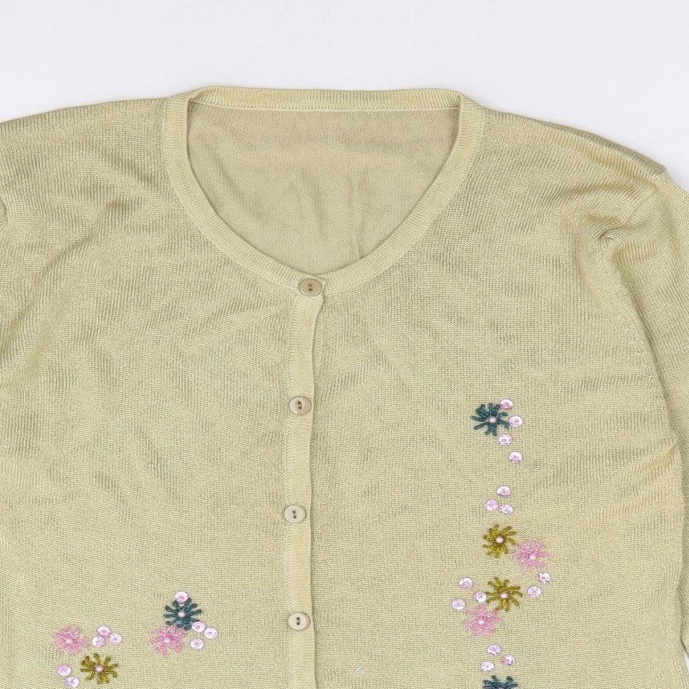 Preworn Womens Gold Round Neck Floral Acrylic Cardigan Jumper Size S