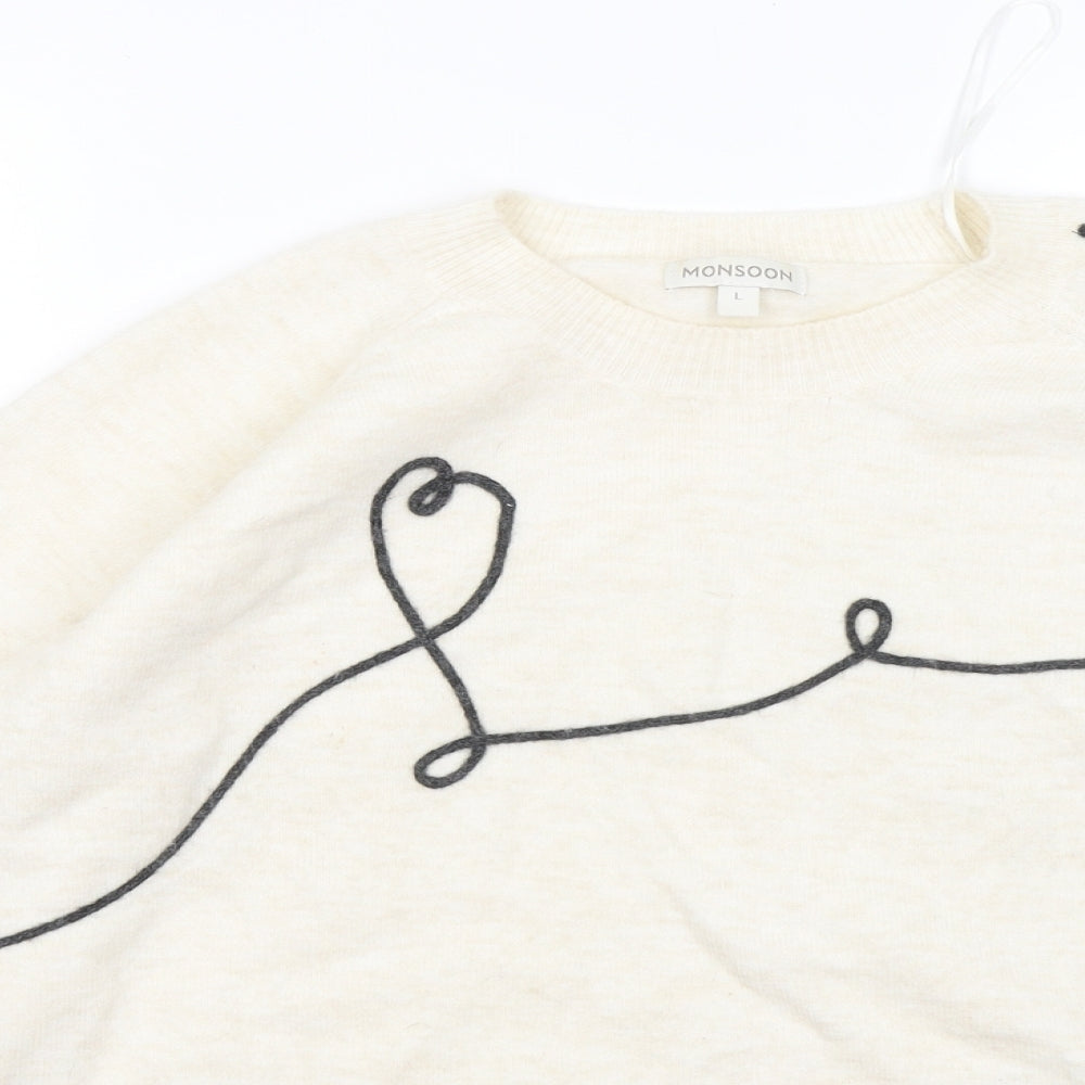 Monsoon Womens White Round Neck Geometric Acrylic Pullover Jumper Size L