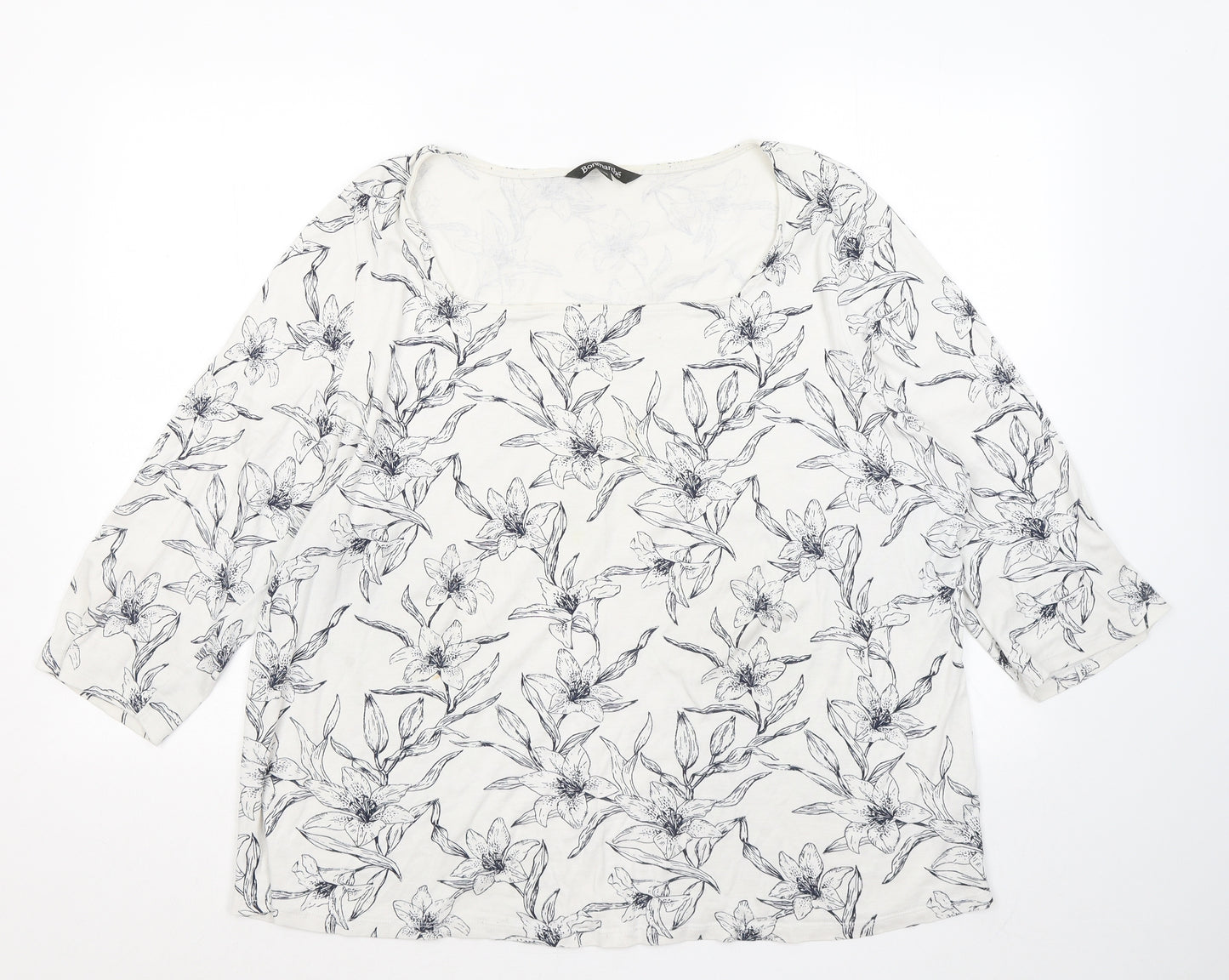 Bonmarché Womens White Floral Cotton Basic T-Shirt Size 24 Round Neck