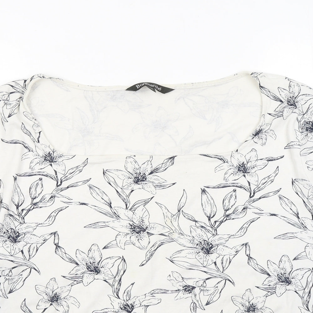 Bonmarché Womens White Floral Cotton Basic T-Shirt Size 24 Round Neck