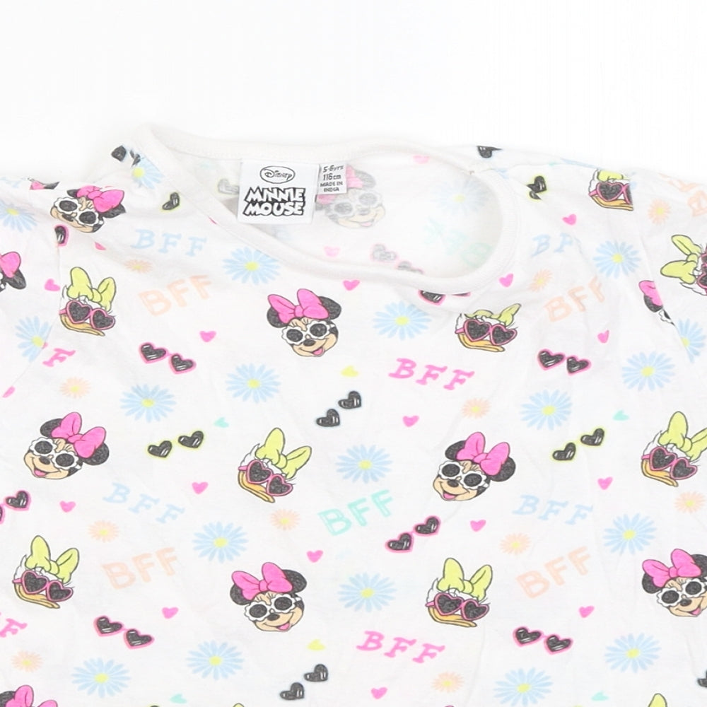 Primark Girls White Geometric Cotton Basic T-Shirt Size 5-6 Years Round Neck - Minnie mouse