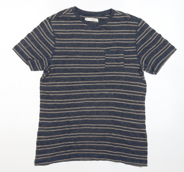 Celio Womens Blue Striped Cotton Basic T-Shirt Size S Round Neck