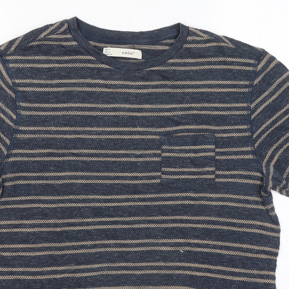 Celio Womens Blue Striped Cotton Basic T-Shirt Size S Round Neck
