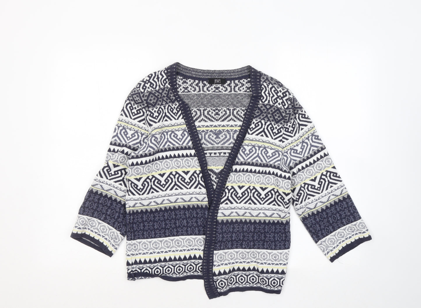 F&F Womens Multicoloured V-Neck Geometric Cotton Cardigan Jumper Size 10