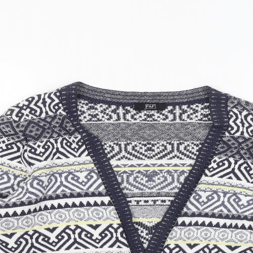 F&F Womens Multicoloured V-Neck Geometric Cotton Cardigan Jumper Size 10