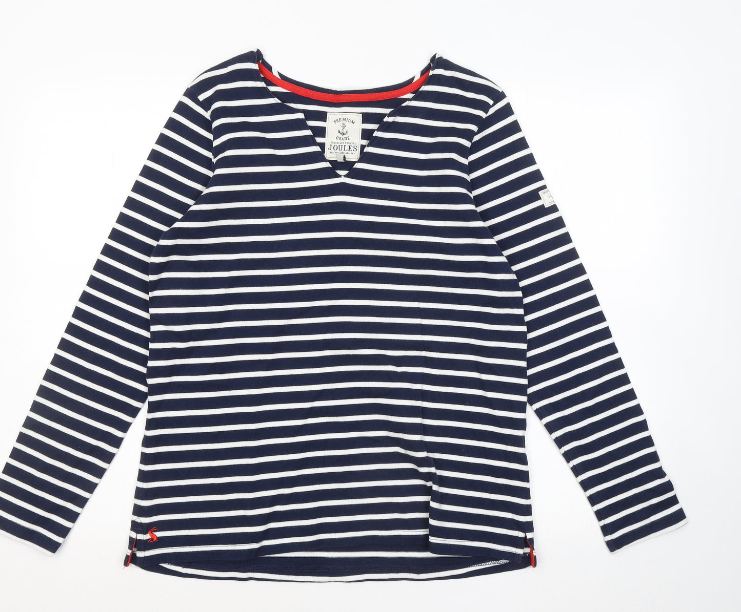 Joules Womens Blue V-Neck Striped Cotton Pullover Jumper Size 14