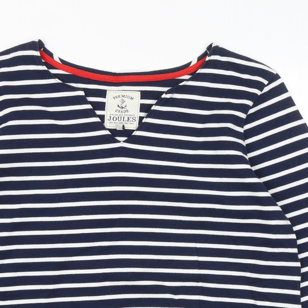Joules Womens Blue V-Neck Striped Cotton Pullover Jumper Size 14